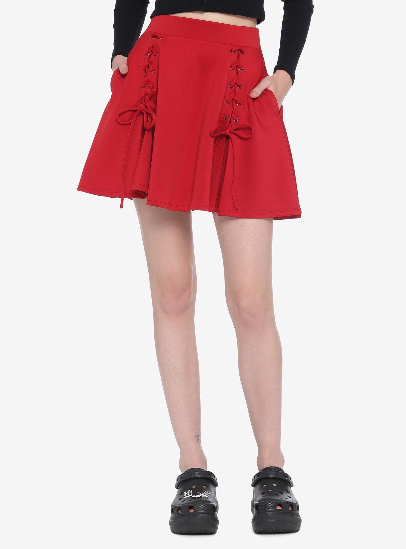 Red Lace-Up Skater Skirt, RED, hi-res