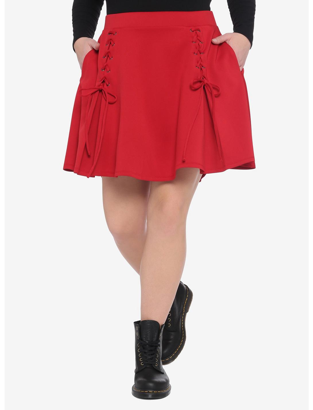 Red Lace-Up Skater Skirt Plus Size, RED, hi-res