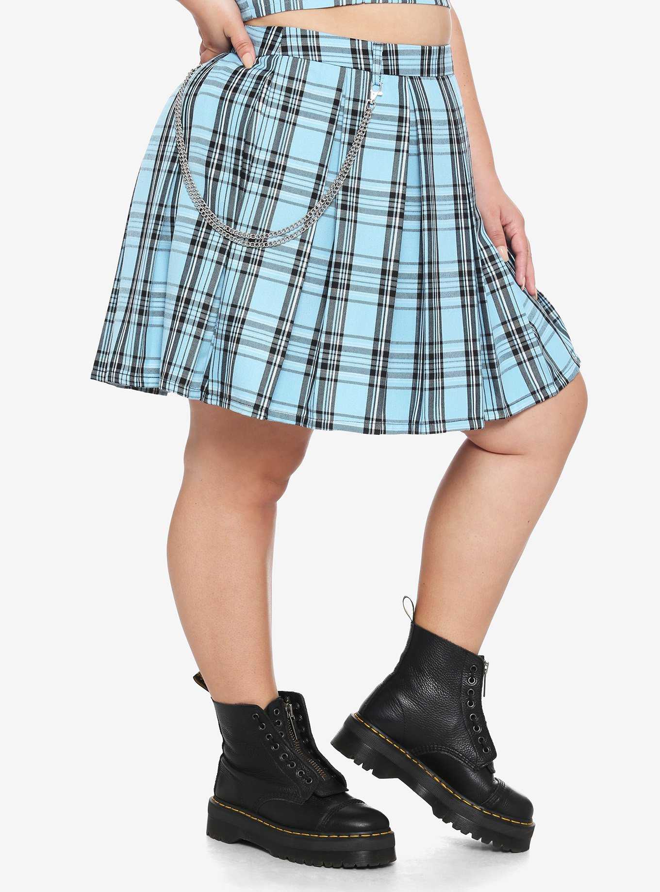 Light Blue Plaid Pleated Chain Skirt Plus Size, , hi-res