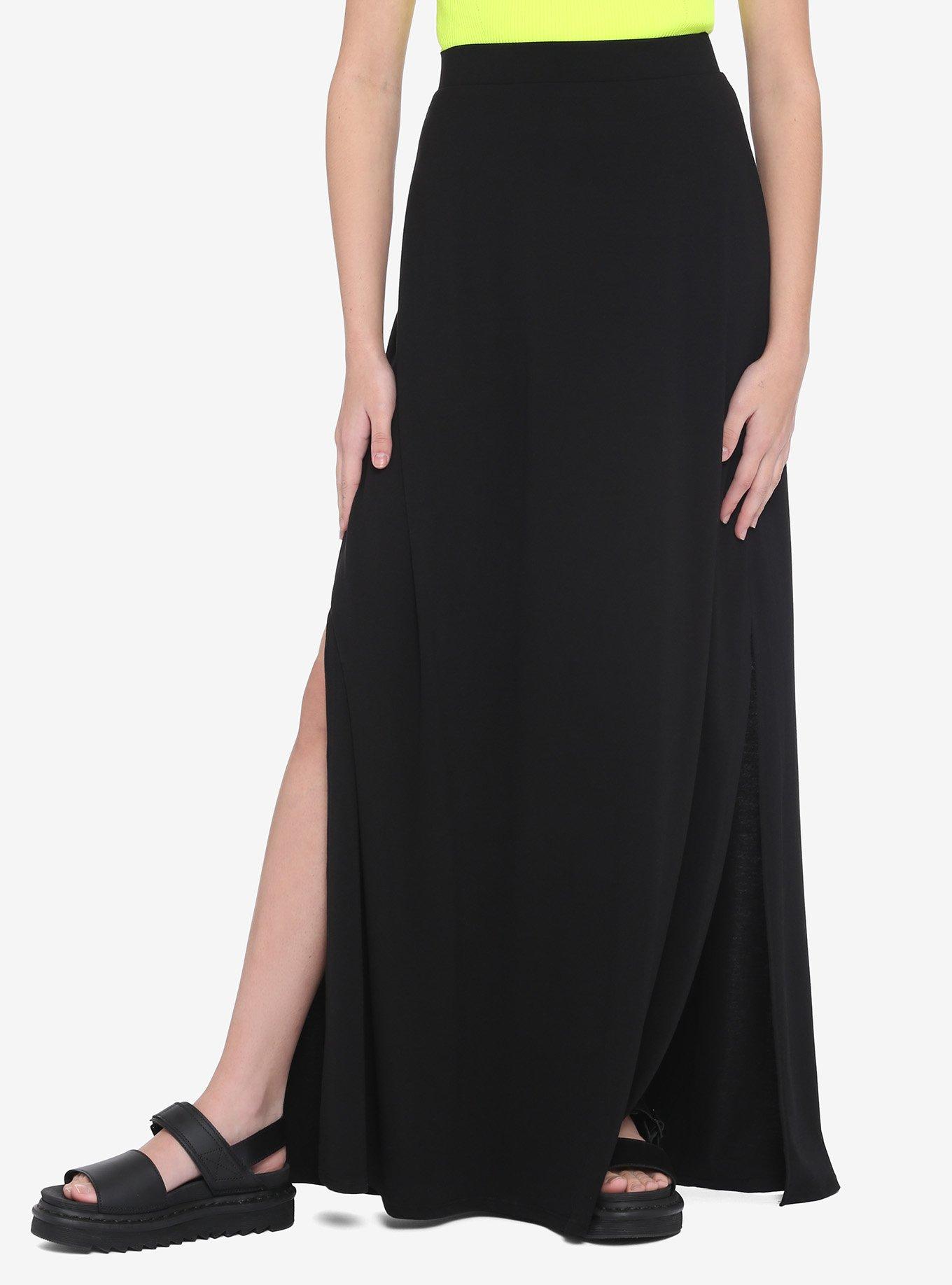 Black Side Slit Maxi Skirt, BLACK, hi-res
