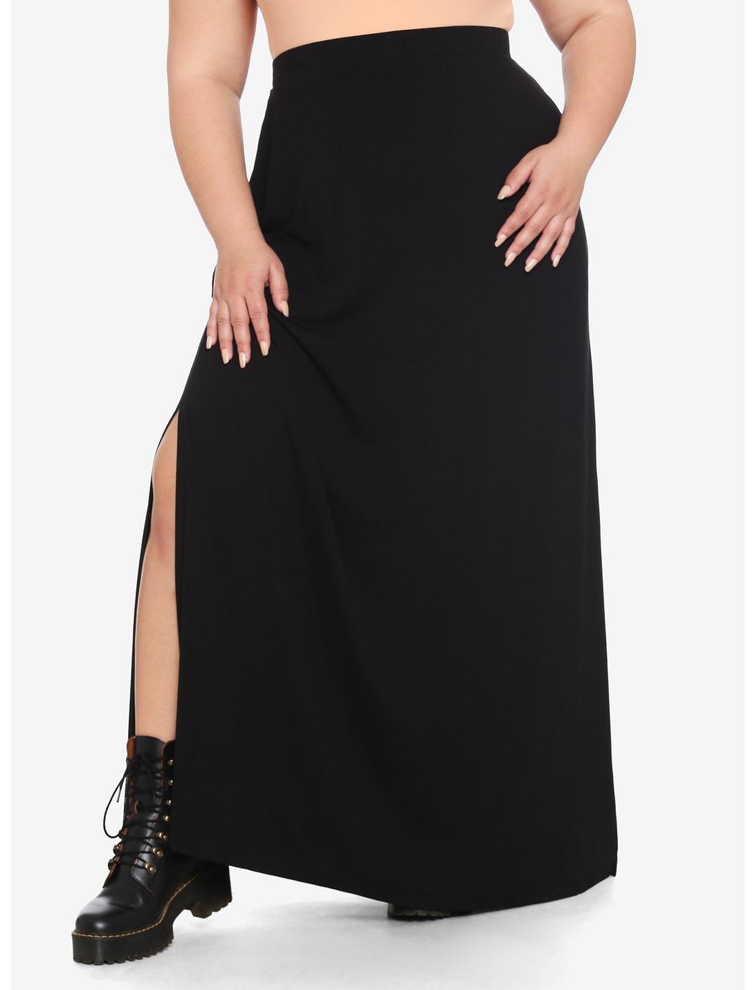 Black Side Slit Maxi Skirt Plus Size, BLACK, hi-res