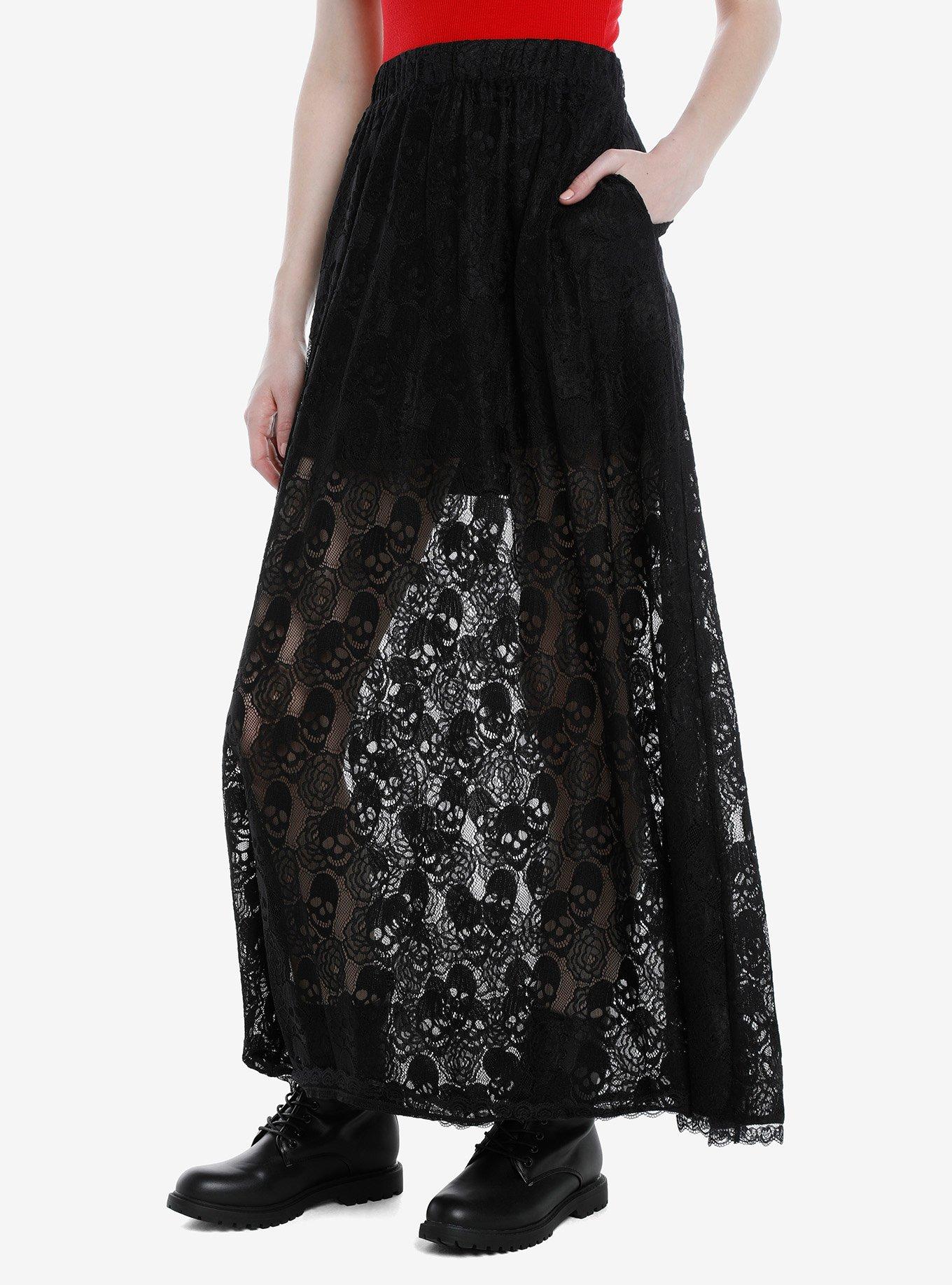 Skull & Roses Black Lace Maxi Skirt, BLACK, hi-res