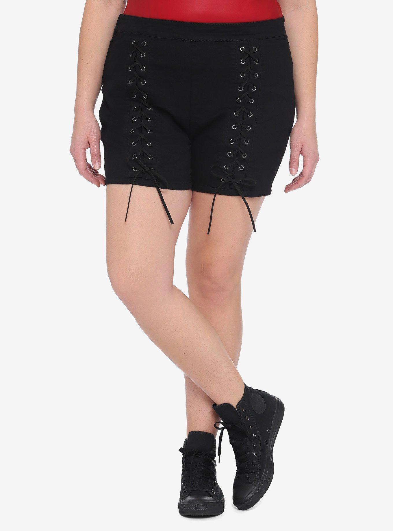 Black Double Lace-Up Hi-Rise Shorts Plus Size | Hot Topic