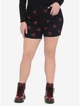 Skull Cherries Embroidered Ultra Hi-Rise Black Denim Shorts Plus Size, CHERRY BOMB, hi-res