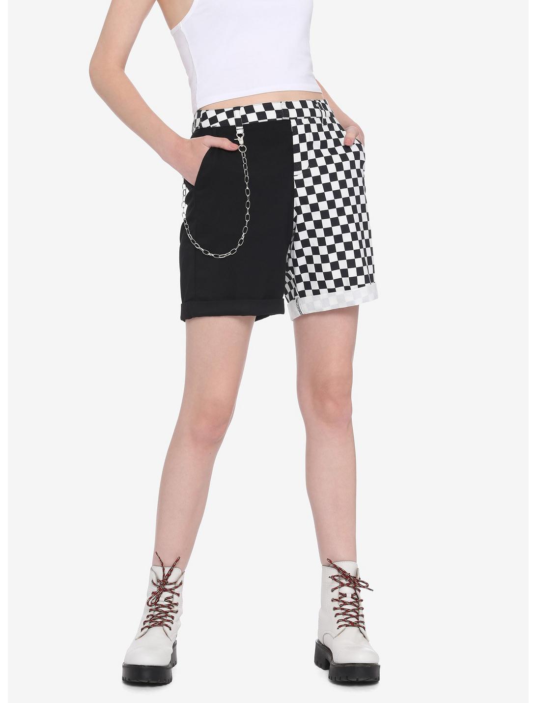 Black & White Checkered Split Bermuda Shorts With Detachable Chain, MULTI, hi-res