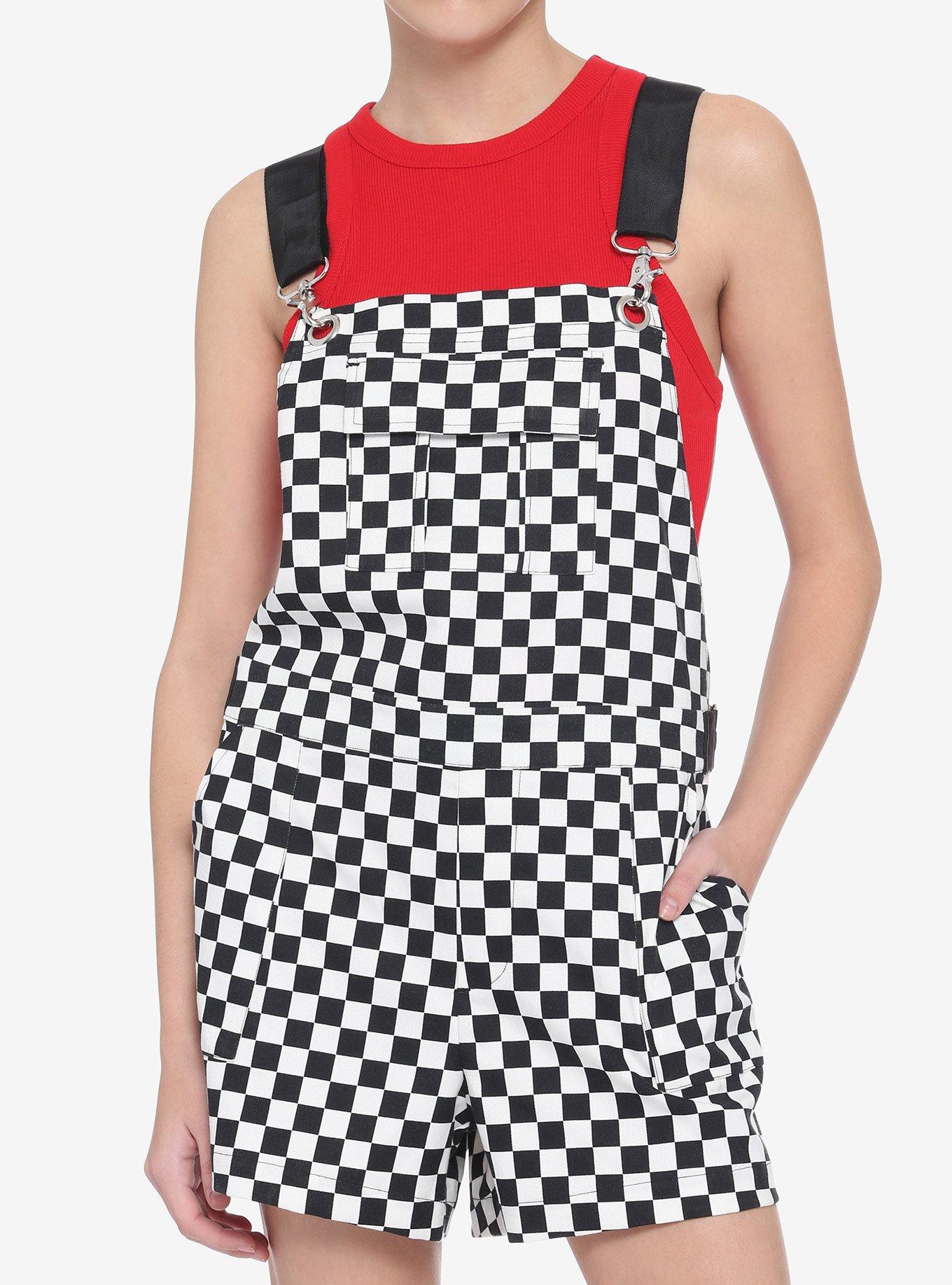 Black & White Checkered Utility Shortalls, CHECKERED, hi-res