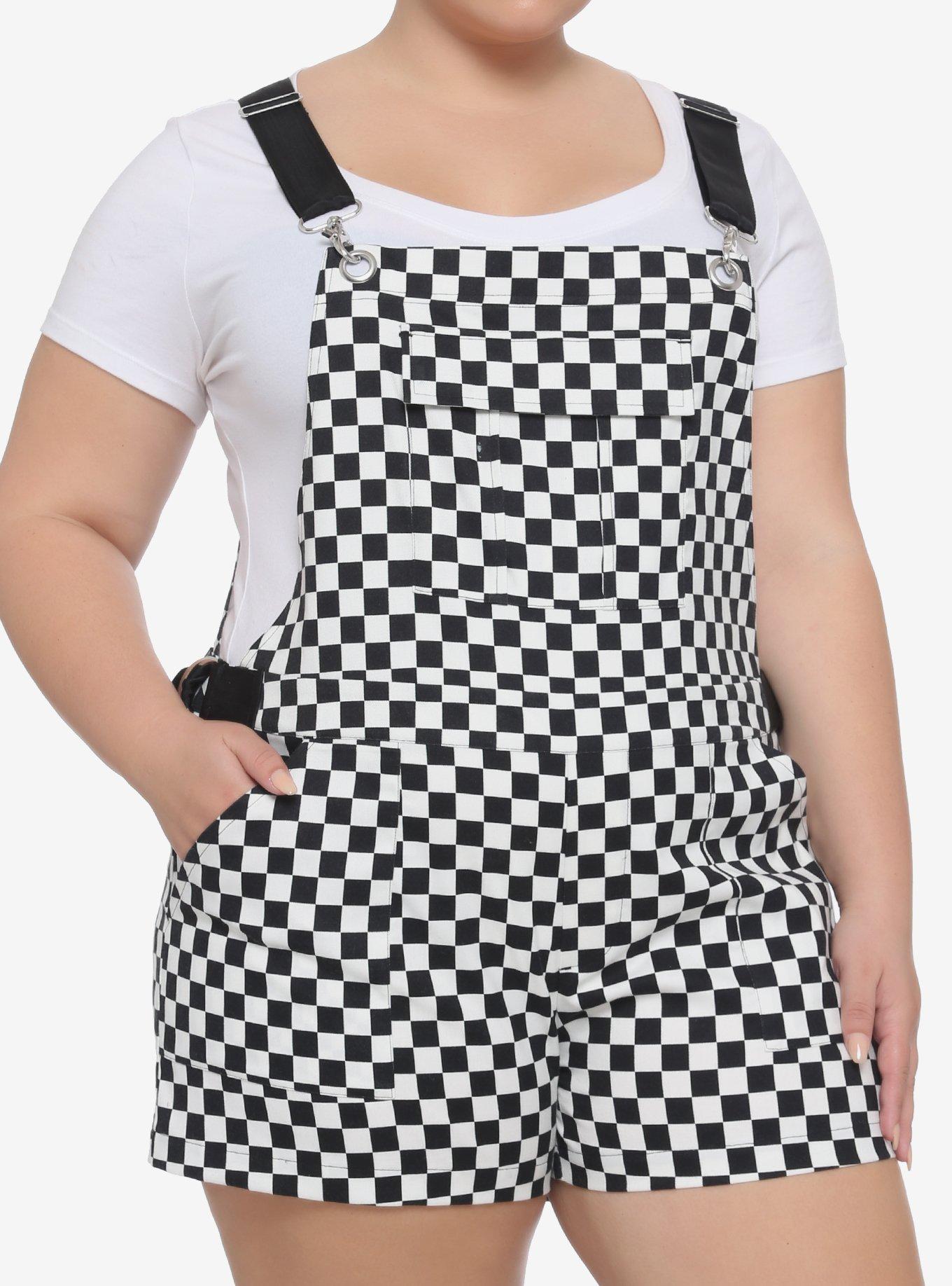 Black & White Checkered Utility Shortalls Plus Size, CHECKERED, hi-res