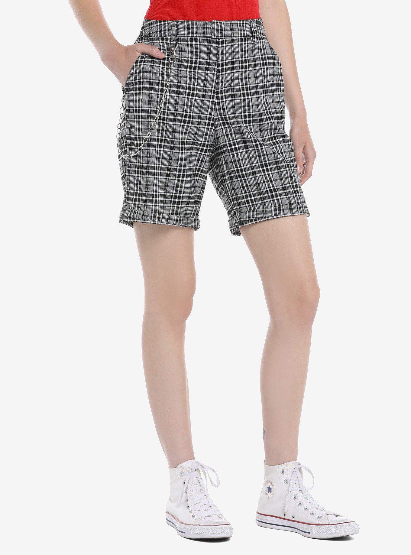 Grey Plaid Bermuda Shorts With Detachable Chain, PLAID, hi-res