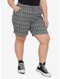 Black & White Plaid Bermuda Shorts With Detachable Chain Plus Size, PLAID, hi-res