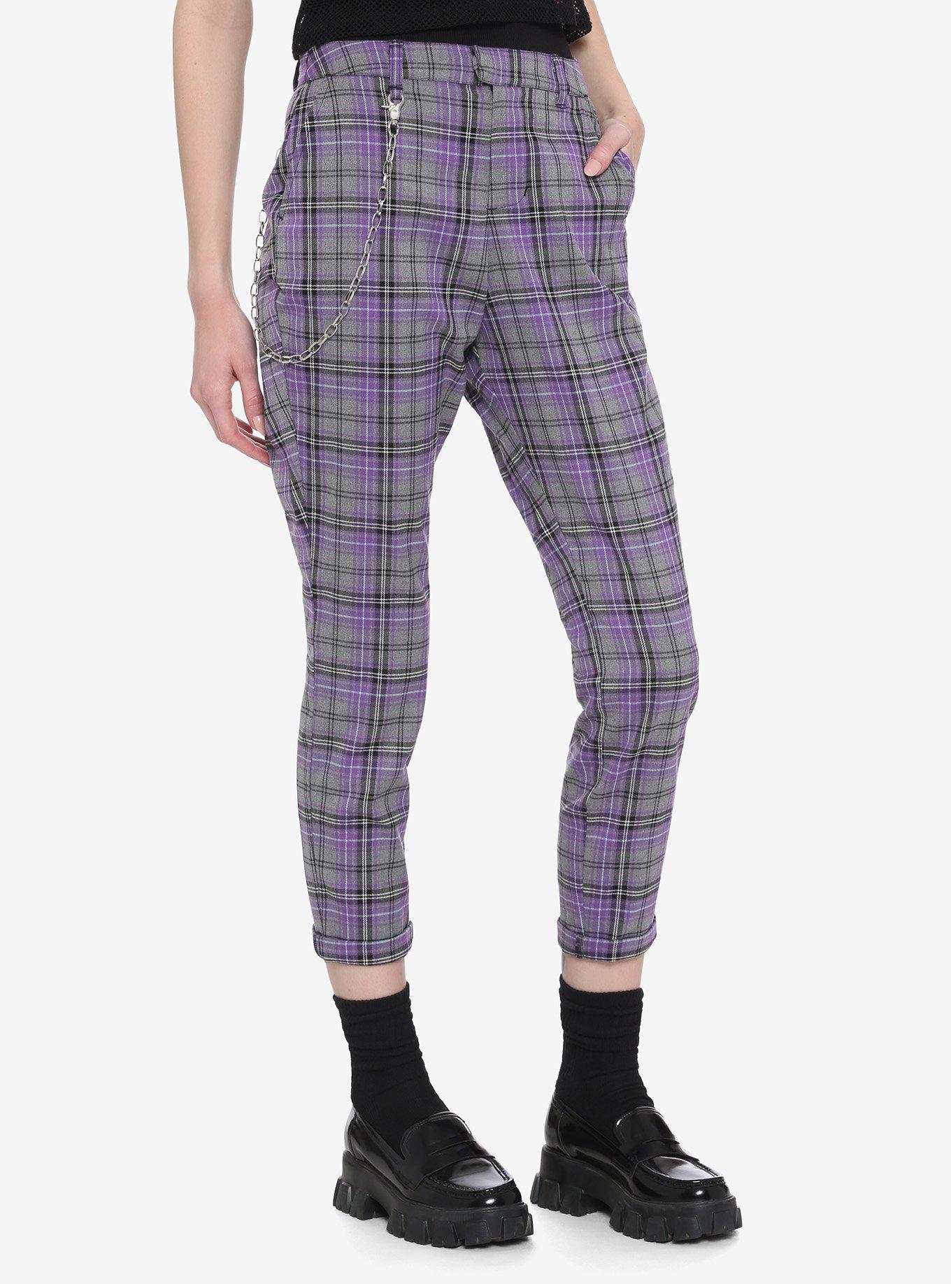 Purple & Grey Plaid Pants With Detachable Chain