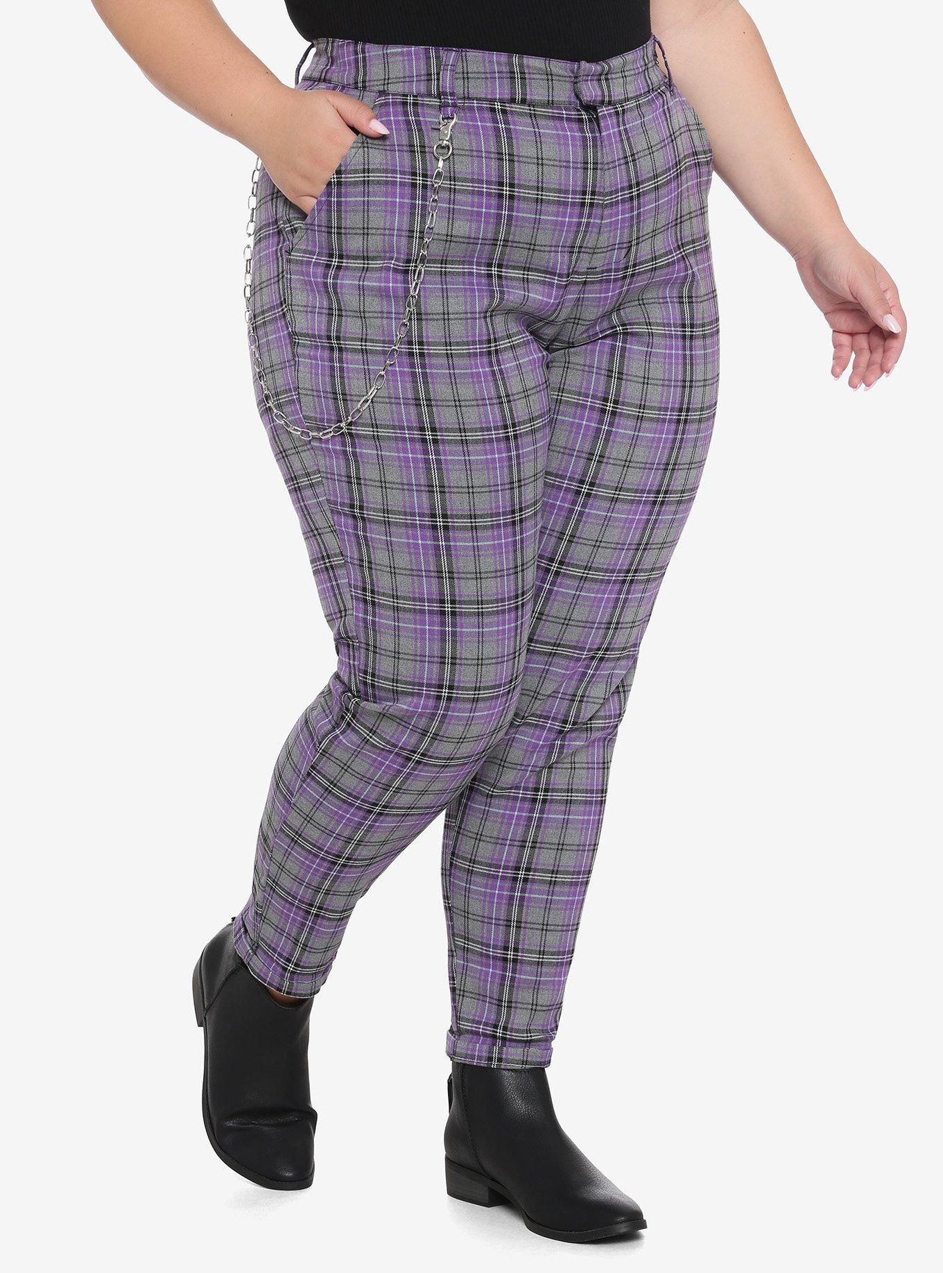 Purple & Grey Plaid Pants With Detachable Chain Plus Size, PLAID, hi-res