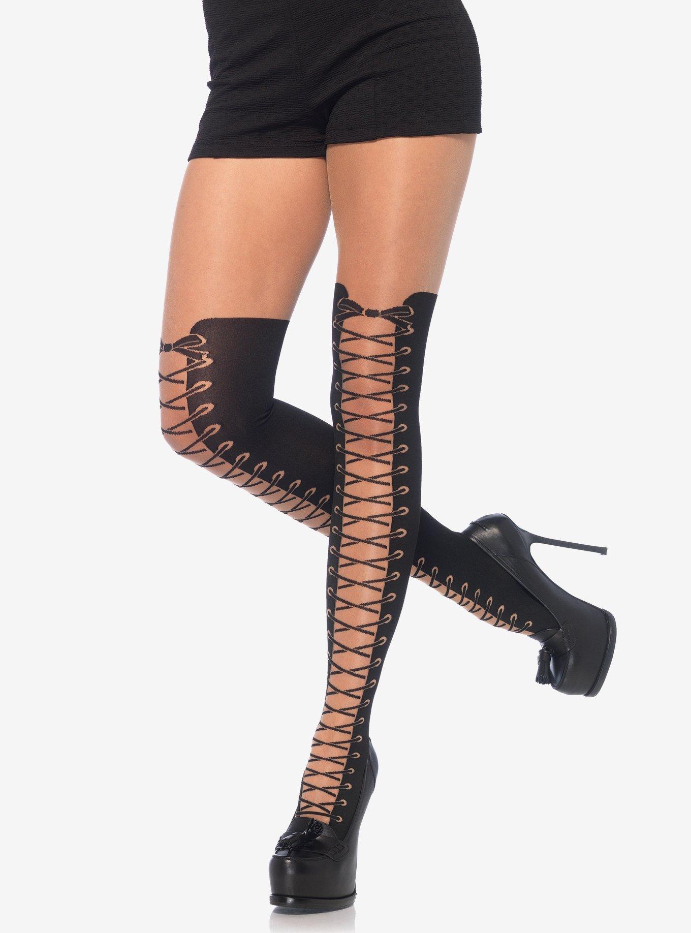 All Tied Up Tights With Faux Thigh High Boot Detail, , hi-res