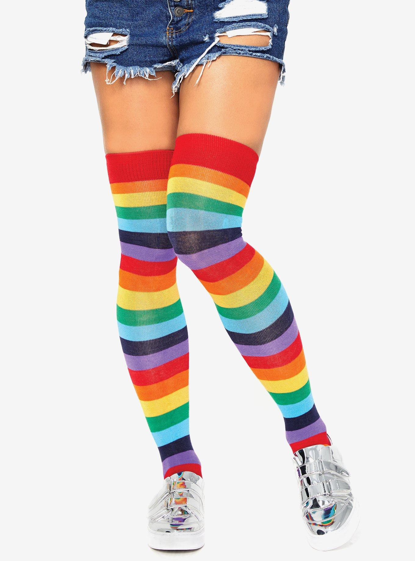 Rainbow Brights Thigh High Socks Black and Rainbow