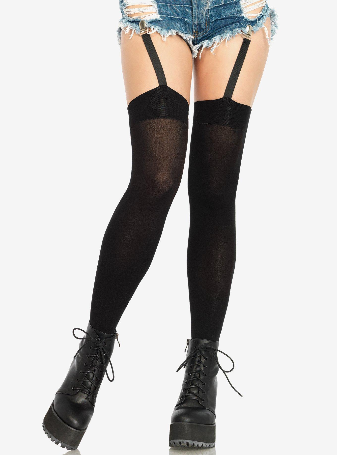 Opaque Thigh Highs With Attached Clip Garter Hot Topic