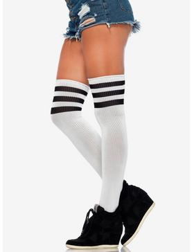 White & Black Stripe Ribbed Athletic Thigh High Socks, , hi-res