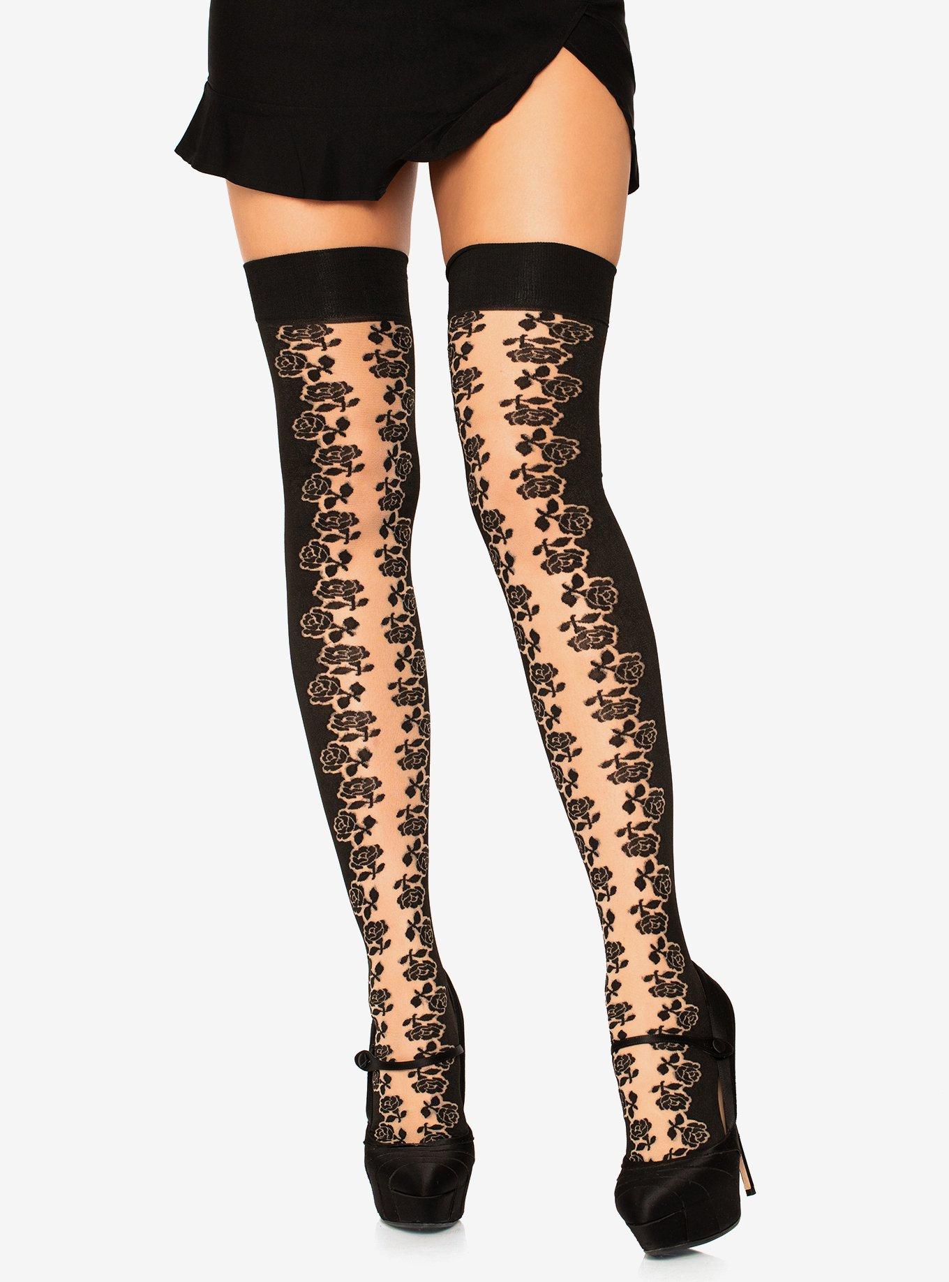 Spandex Opaque Thigh Highs With Sheer Rosette Panel | Hot Topic