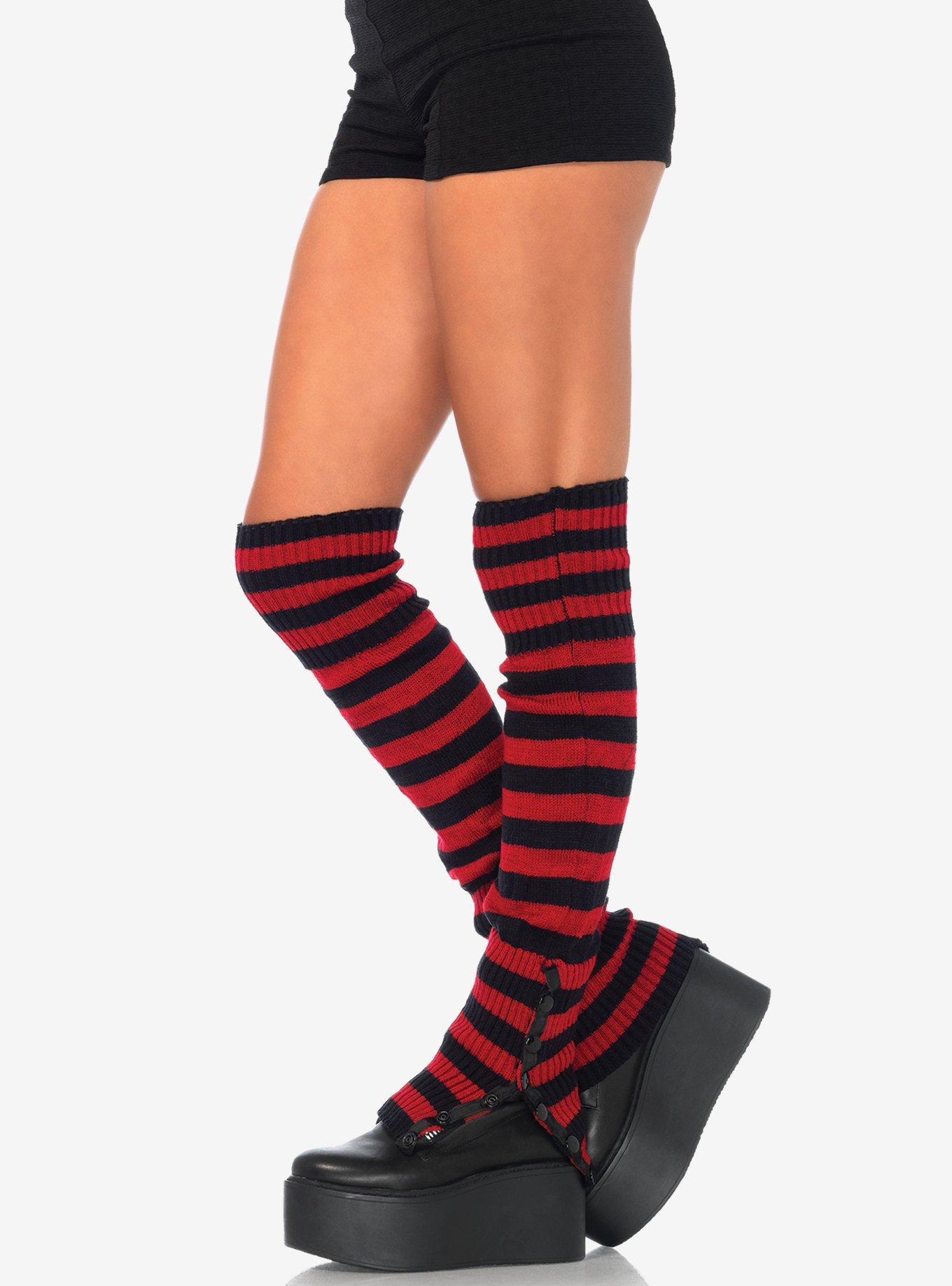 Striped Extra Long Leg Warmers Black/Red, , hi-res