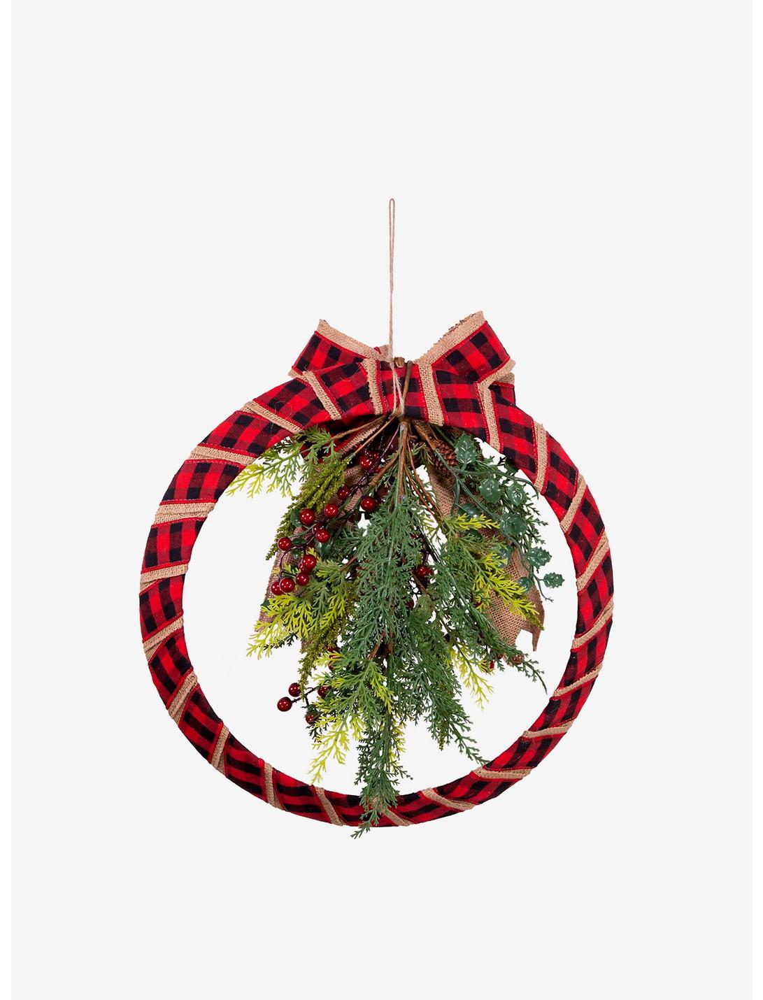 Fabric Red Plaid Wreath With Foliage, , hi-res