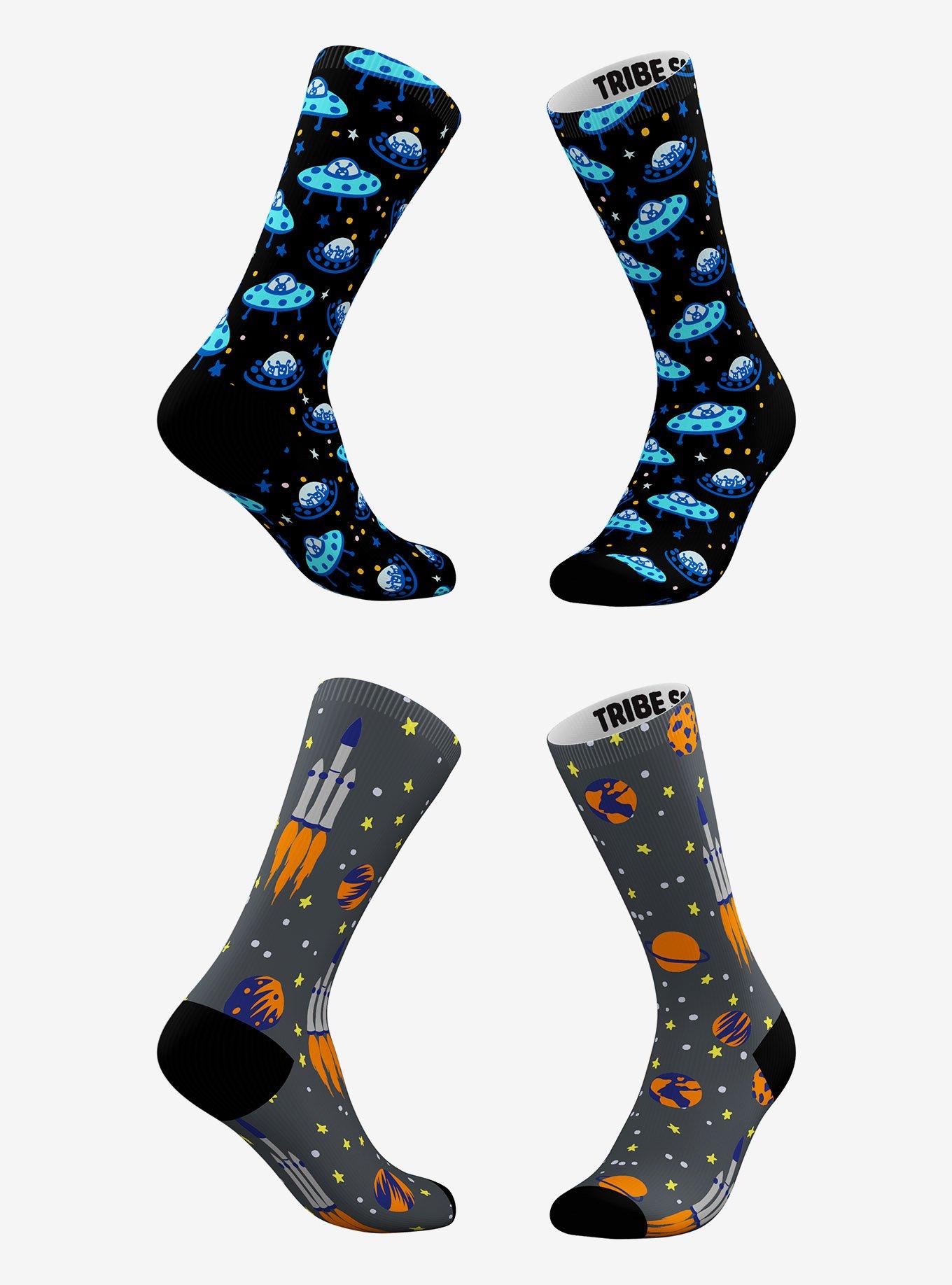 Blue Ufo Alien And Grey Rocket Ship Socks 2 Pair, , hi-res