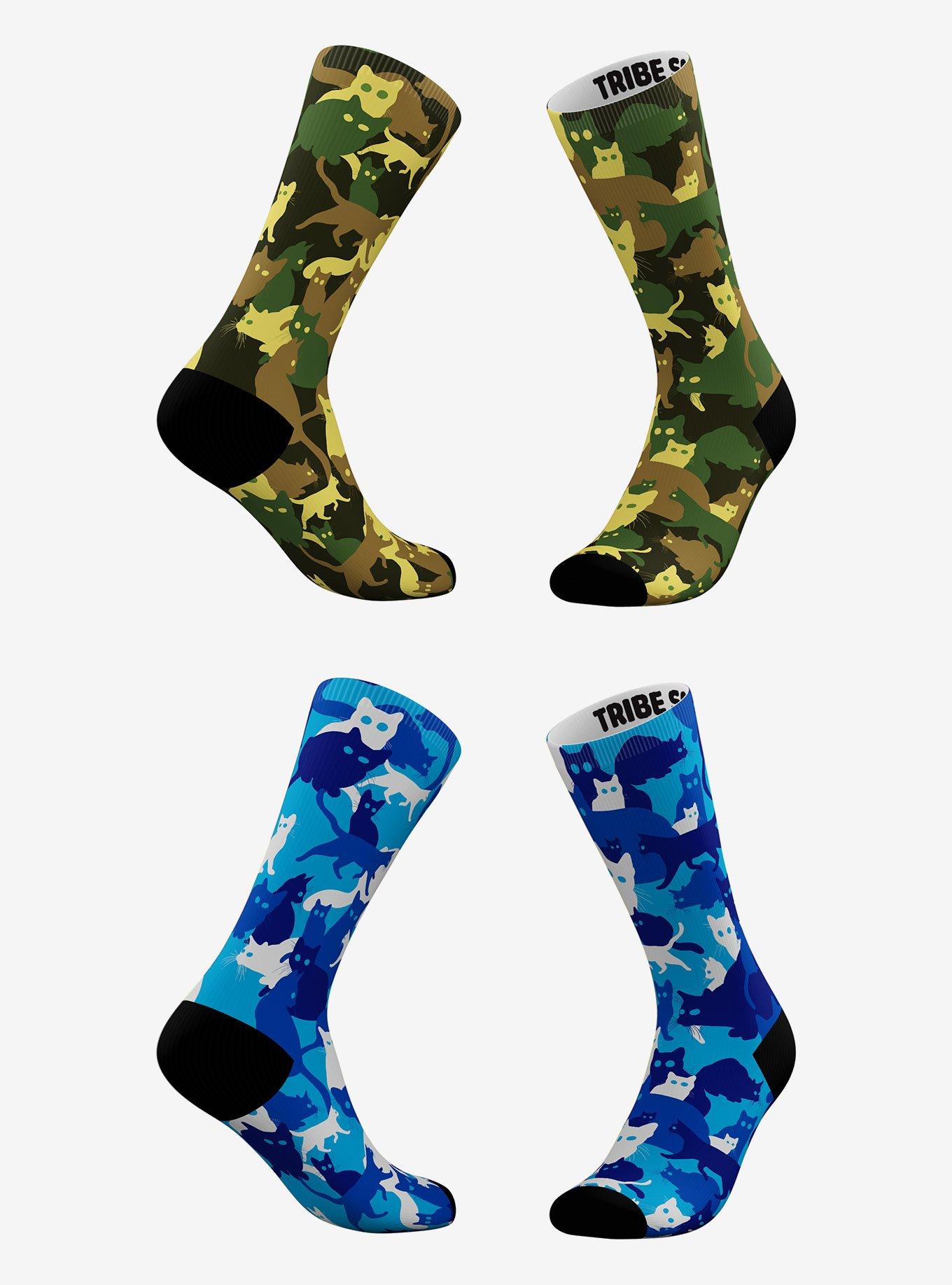 Green And Blue Camo Cat Socks 2 Pair