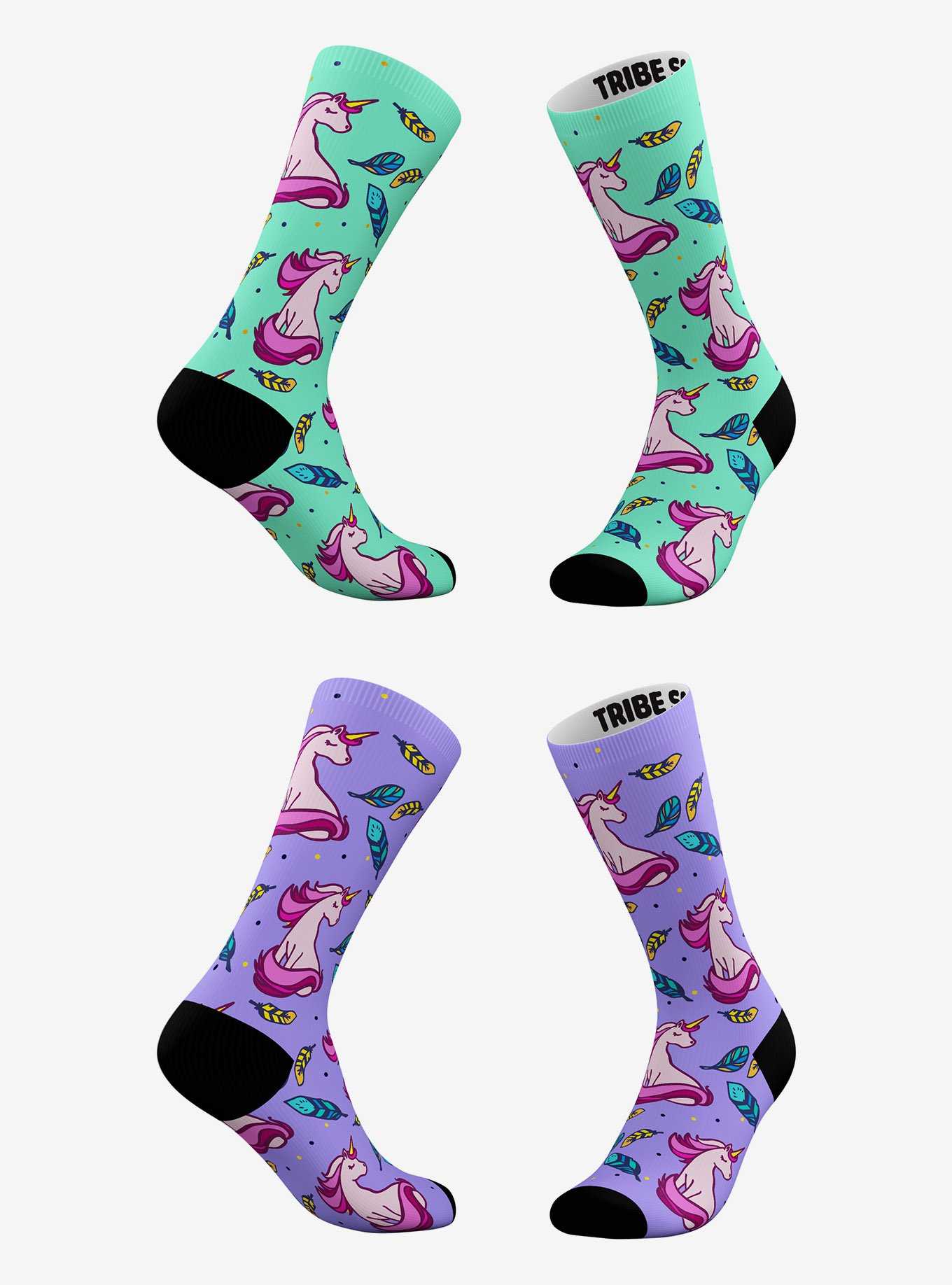 Green Feather And Purple Feather Unicorn Socks 2 Pair, , hi-res