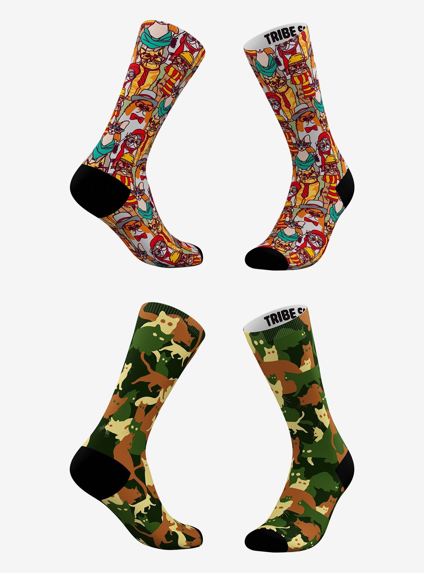 Hipster Cat And Classic Camo Cat Socks 2 Pair, , hi-res