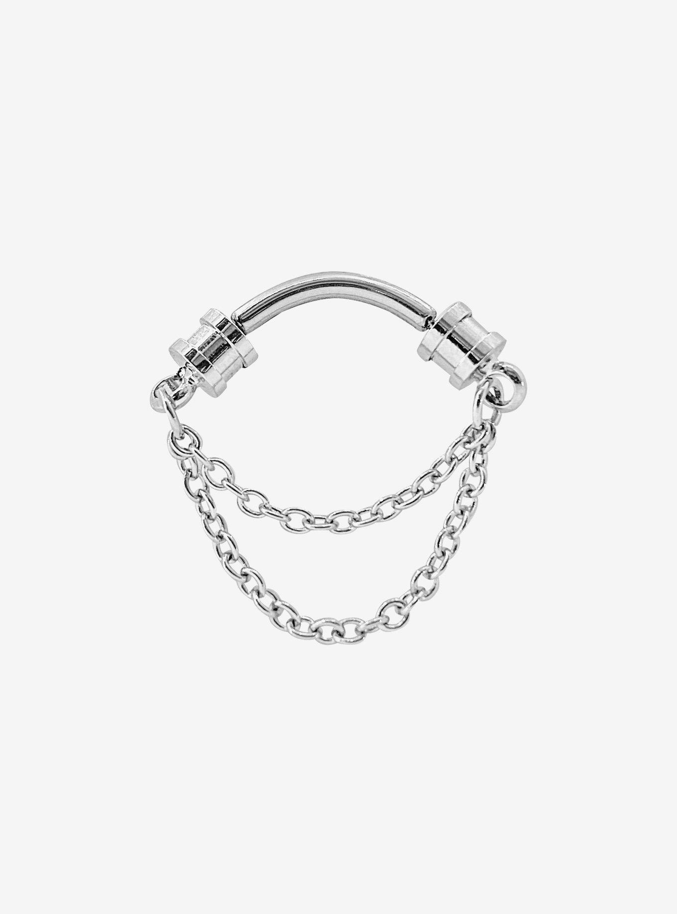 Steel Double Chain Septum Barbell, SILVER, hi-res