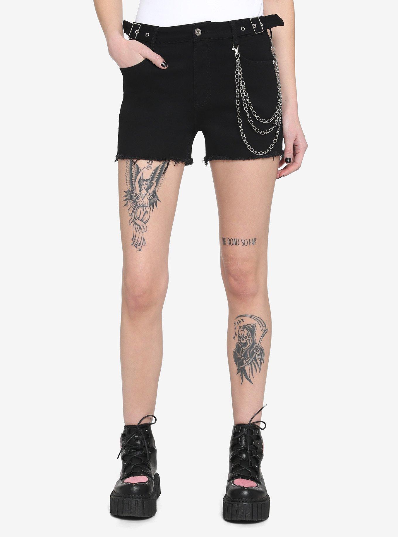 Side Belts & Chain Black Denim Ultra Hi-Rise Shorts, BLACK, hi-res