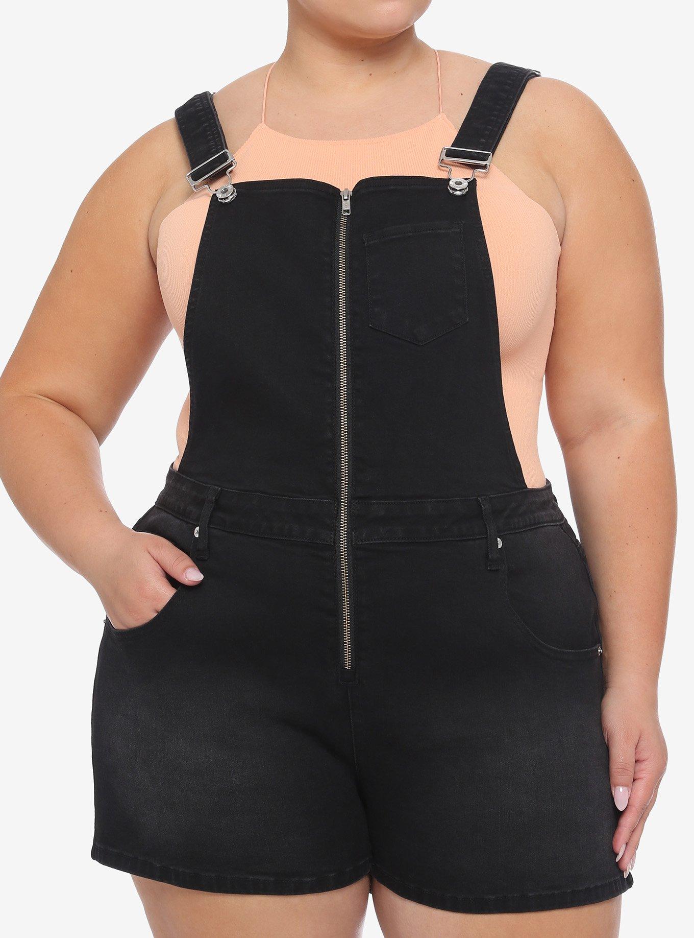 Black Zipper Front Shortalls Plus Size, BLACK, hi-res