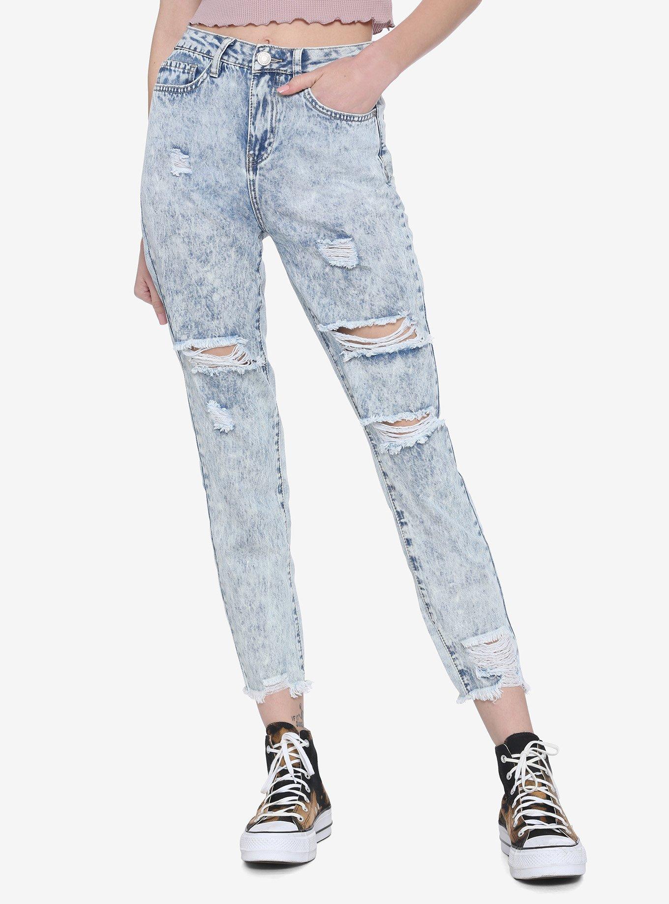 Indigo Acid Wash Destructed Straight Leg Jeans, INDIGO, hi-res