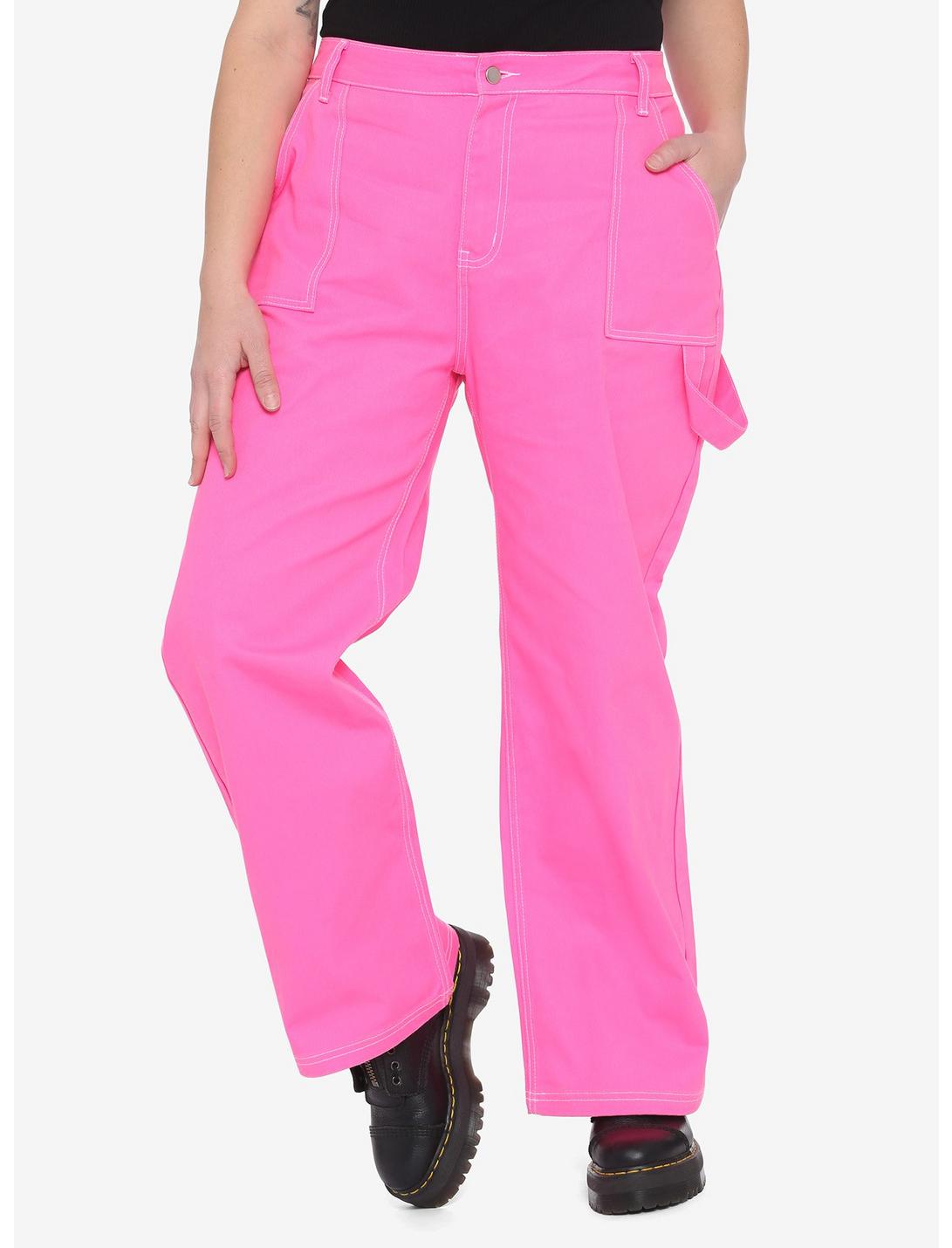 Neon Pink Strap Carpenter Pants Plus Size, PINK, hi-res