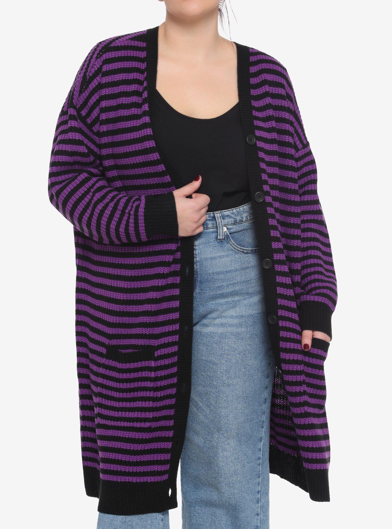 Purple Black Stripe Button-Front Oversized Girls Cardigan Plus