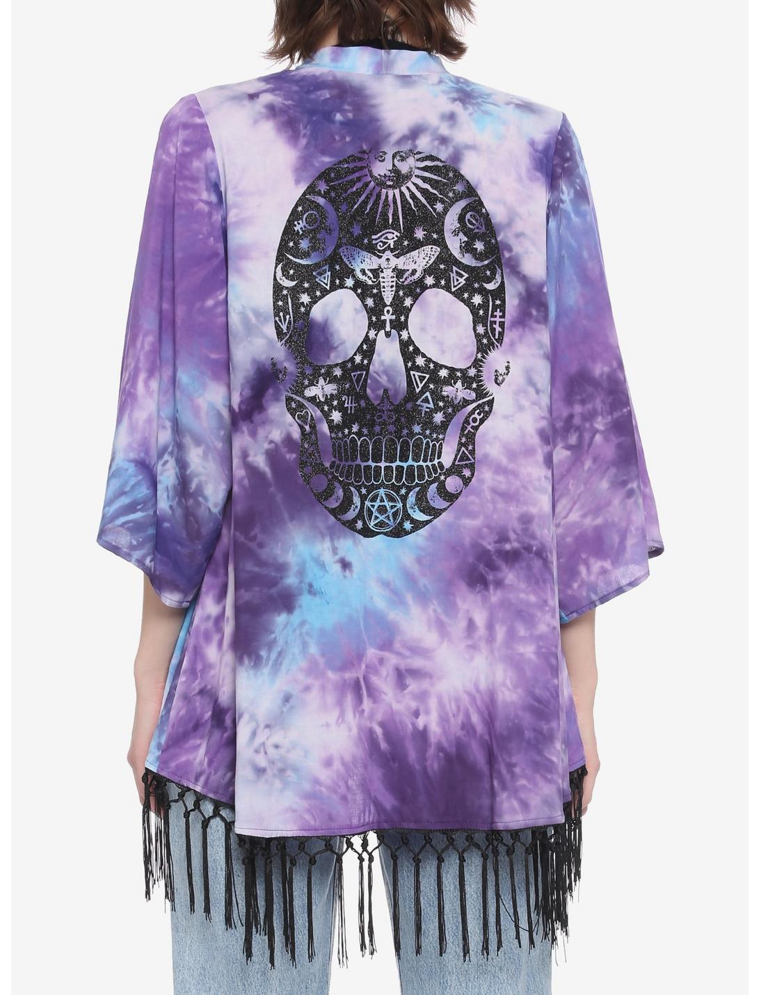 Purple & Blue Tie-Dye Glitter Skull Kimono, TIE DYE, hi-res