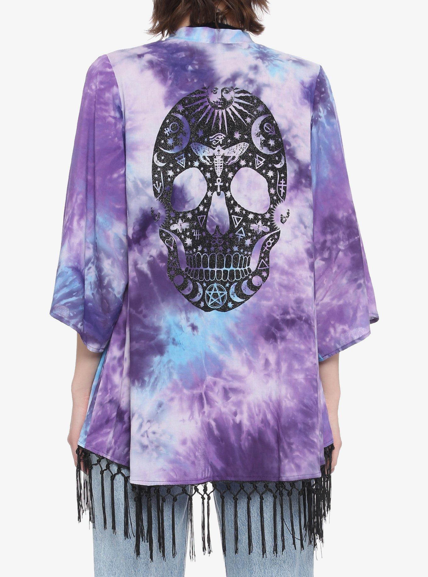 Purple & Blue Tie-Dye Glitter Skull Kimono, TIE DYE, hi-res