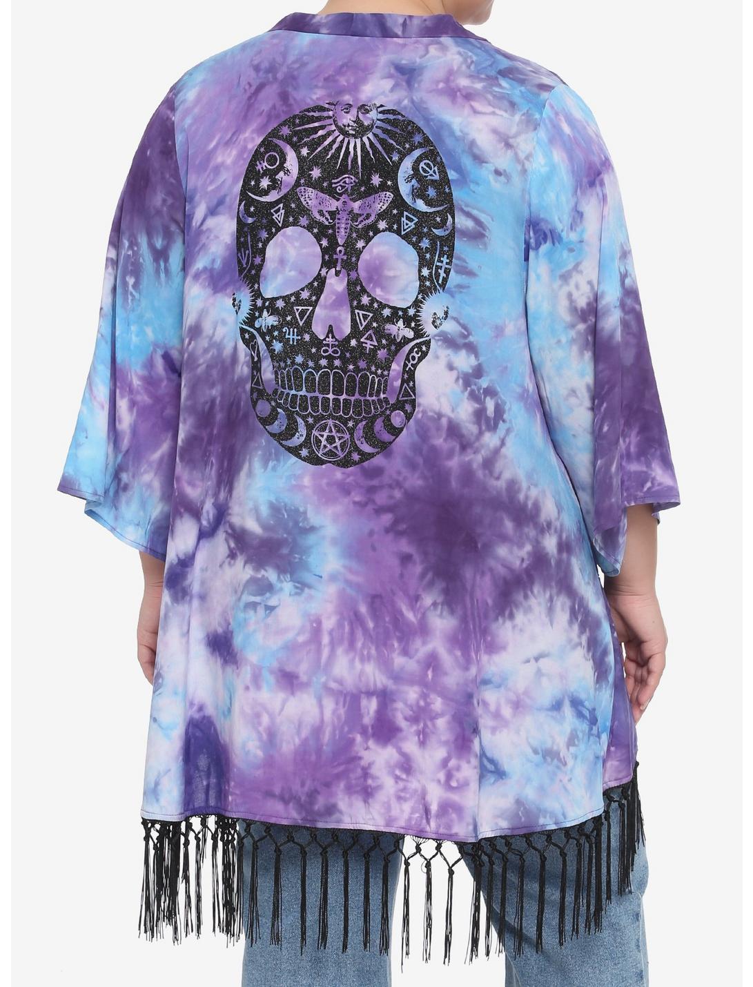 Purple & Blue Tie-Dye Glitter Skull Kimono Plus Size, TIE DYE, hi-res