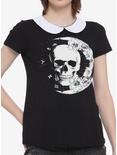 Skull & Crescent Moon Collared Girls T-Shirt, BLACK, hi-res