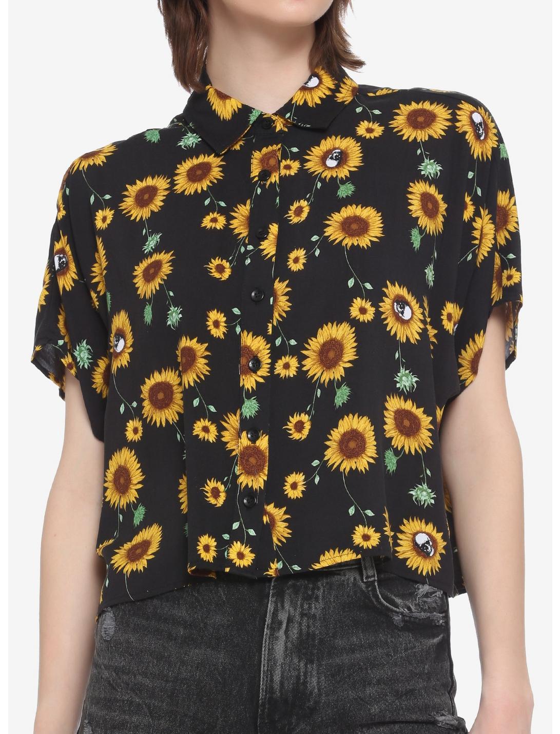 Sunflowers & Skulls Girls Crop Woven Button-Up, MULTI, hi-res