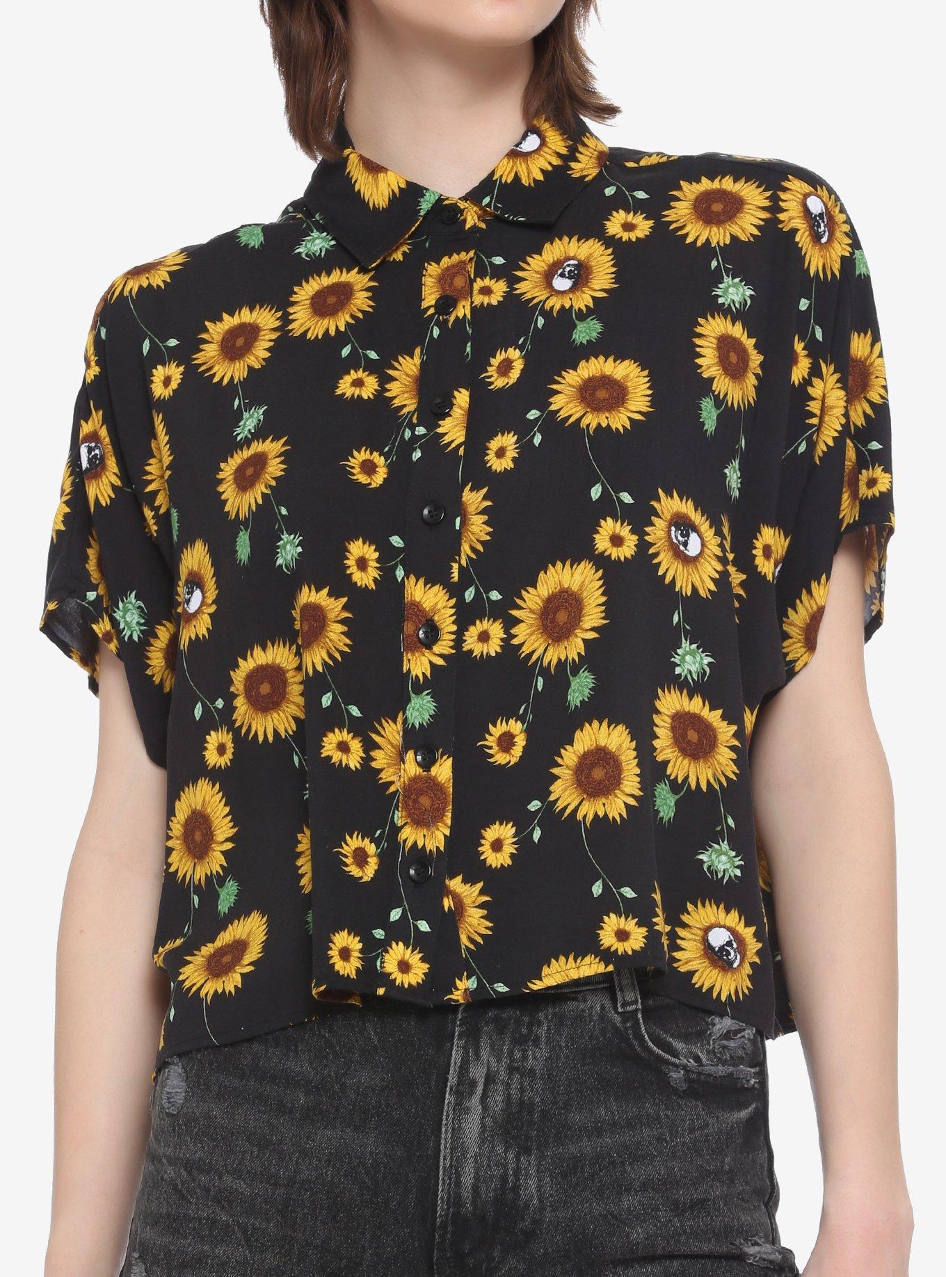 Sunflowers & Skulls Girls Crop Woven Button-Up, MULTI, hi-res