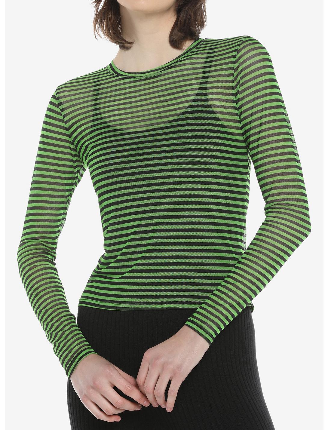 Green & Black Stripe Mesh Girls Long-Sleeve Top, STRIPES, hi-res