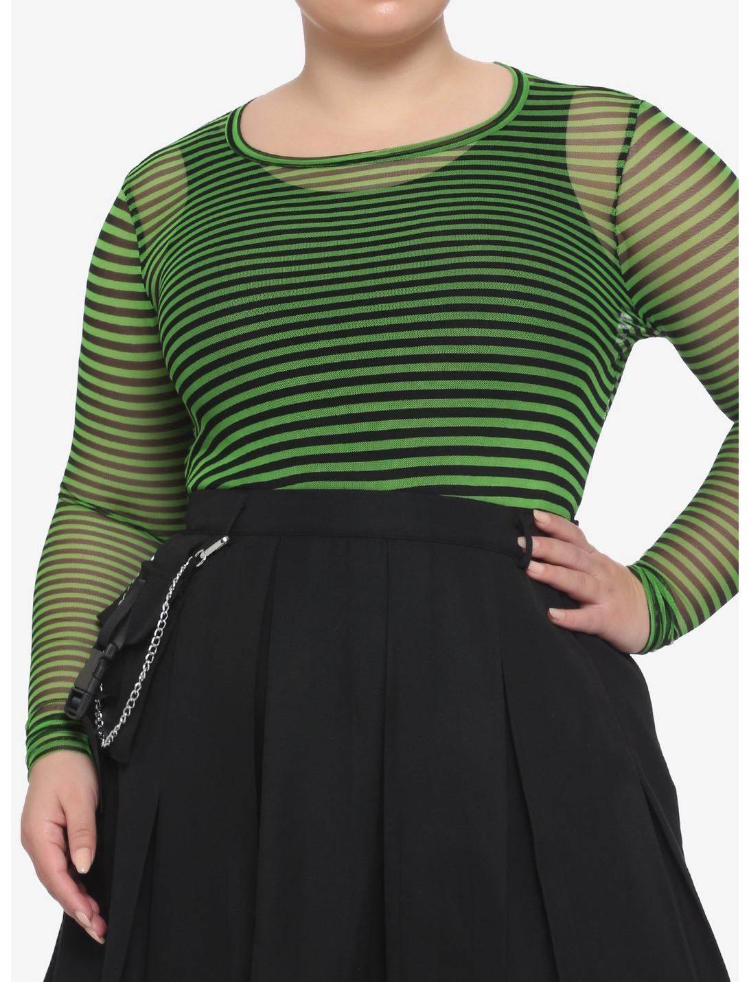 Green & Black Stripe Mesh Girls Long-Sleeve Top Plus Size, STRIPES, hi-res