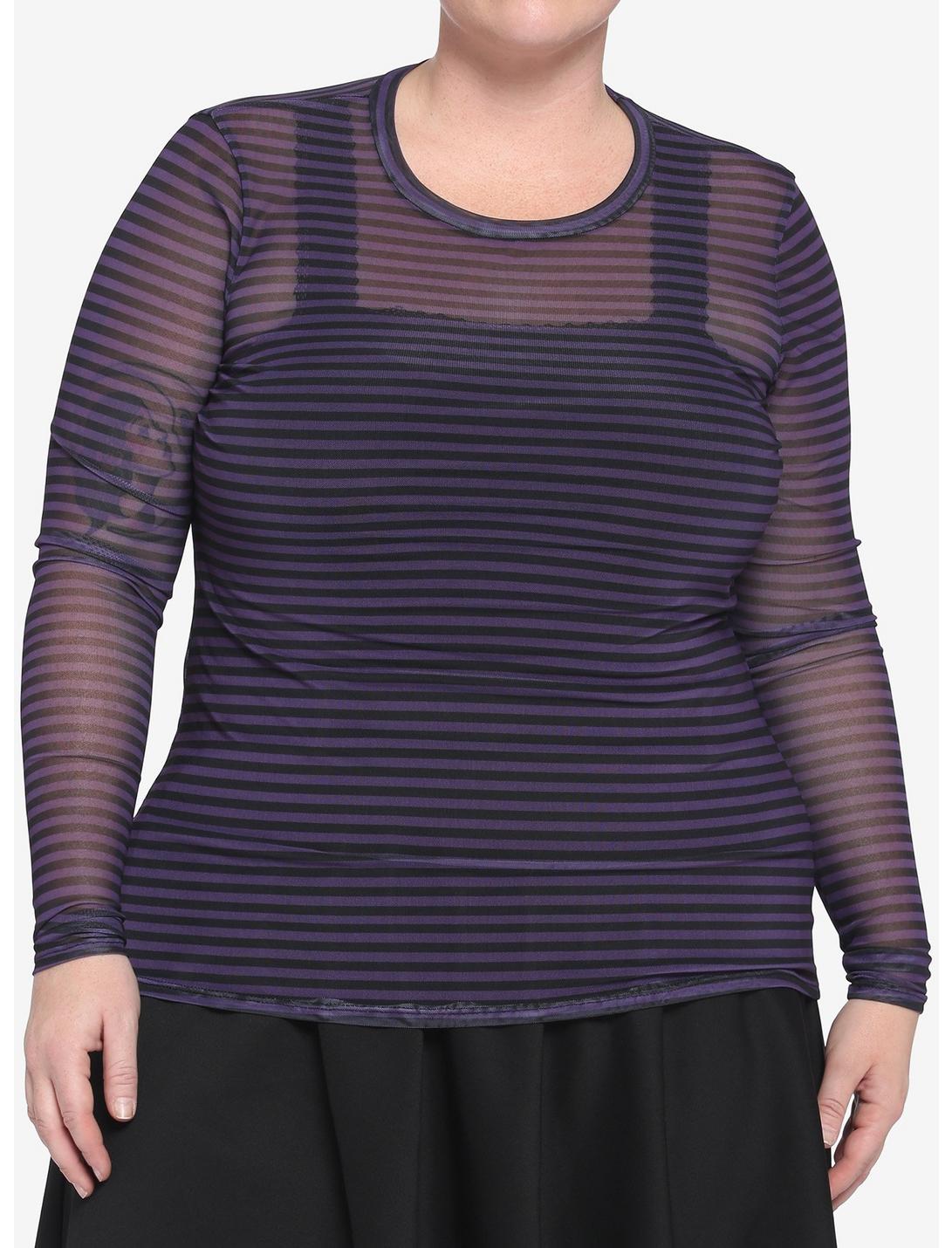 Purple & Black Stripe Mesh Girls Long-Sleeve Top Plus Size, STRIPE - PURPLE, hi-res
