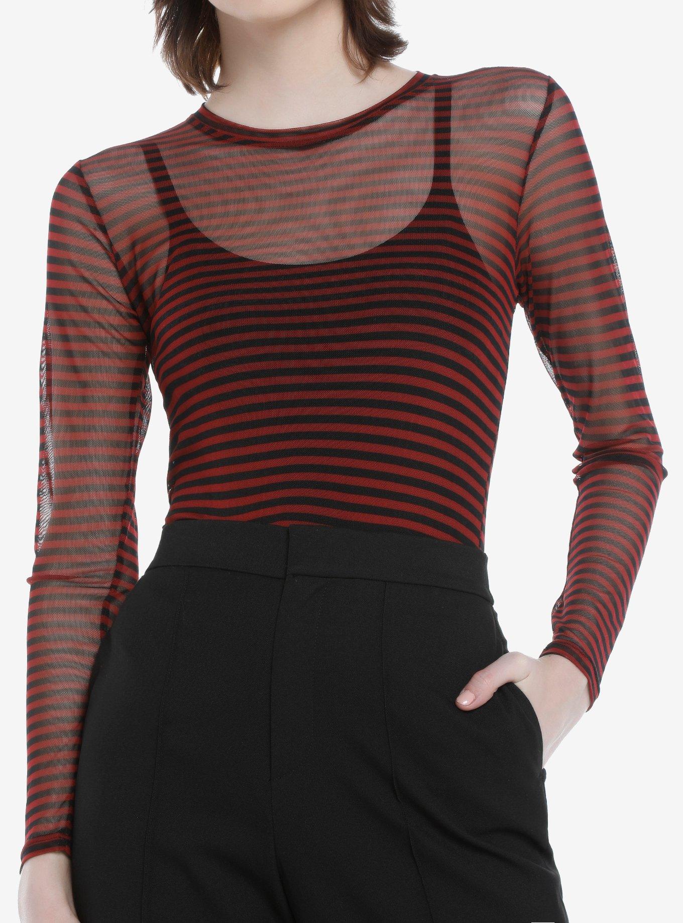 Black Striped Long Sleeves Mesh Top