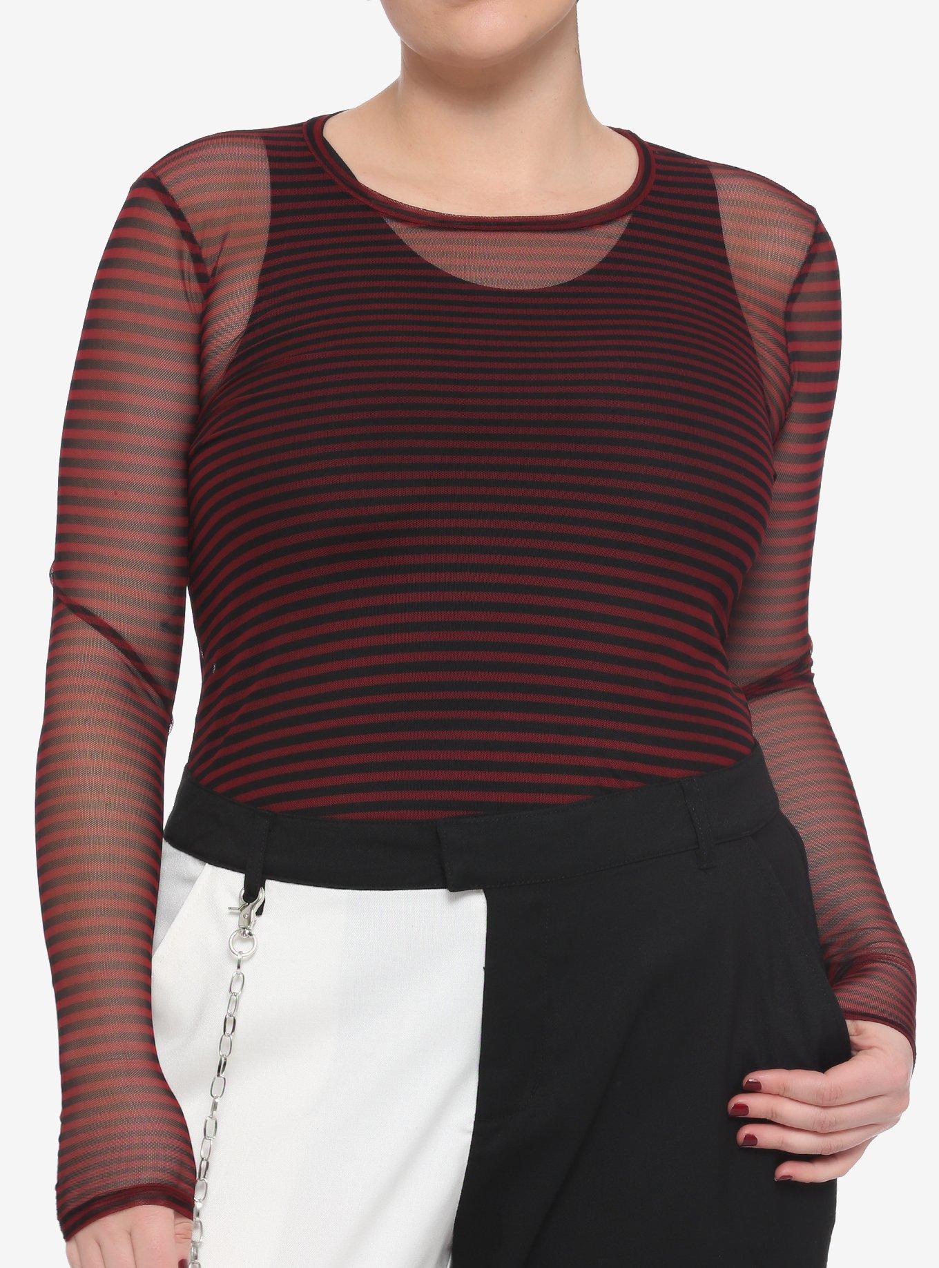 Black & Red Stripe Mesh Girls Long-Sleeve Top Plus Size, STRIPES, hi-res