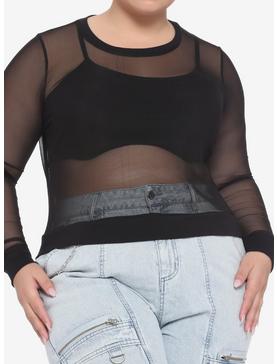Black Mesh Layered Girls Crop Long-Sleeve Top Plus Size, , hi-res