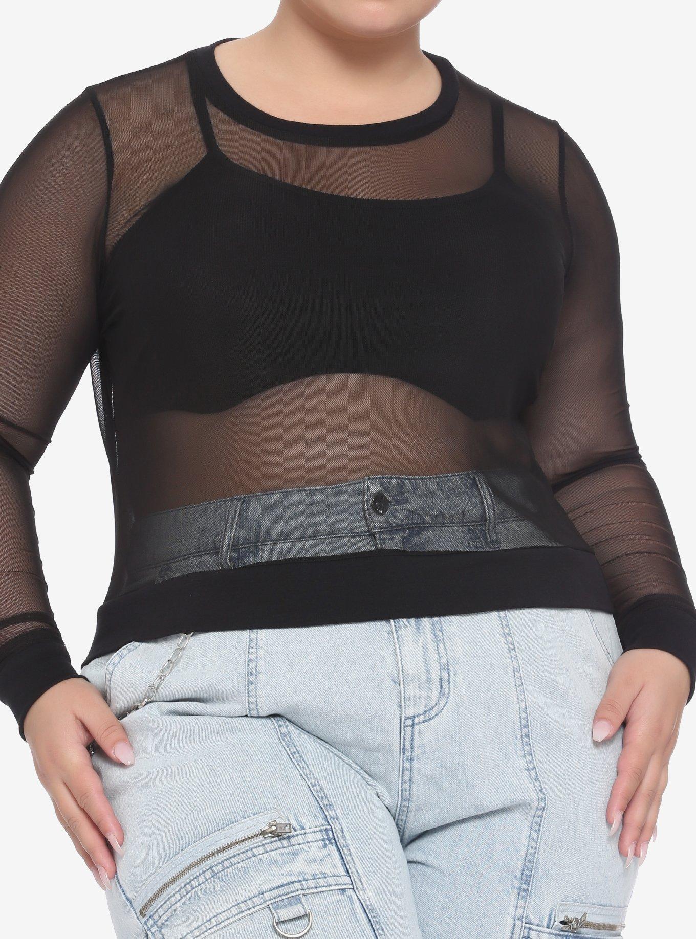Black Mesh Layered Girls Crop Long-Sleeve Top Plus Size, BLACK, hi-res