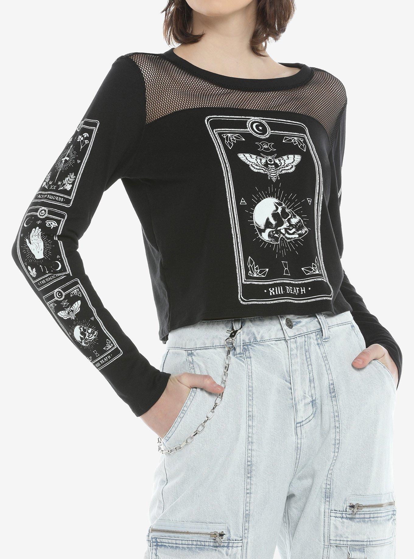 Tarot Card Mesh Girls Crop Long-Sleeve Top, BLACK, hi-res