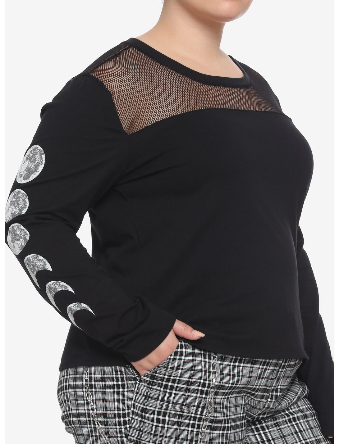 Moon Phases & Mesh Girls Long-Sleeve Top Plus Size, BLACK, hi-res