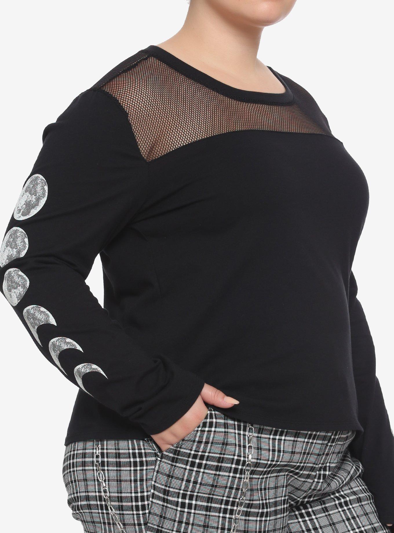 Moon Phases & Mesh Girls Long-Sleeve Top Plus Size, BLACK, hi-res