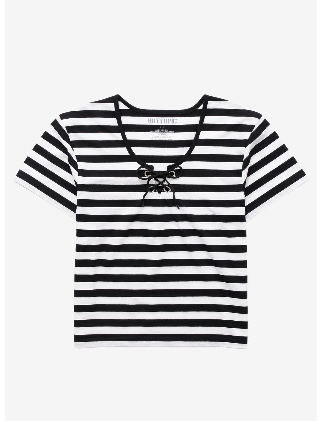 Black & White Stripe Lace-Up Girls Crop T-Shirt Plus Size, STRIPES, hi-res