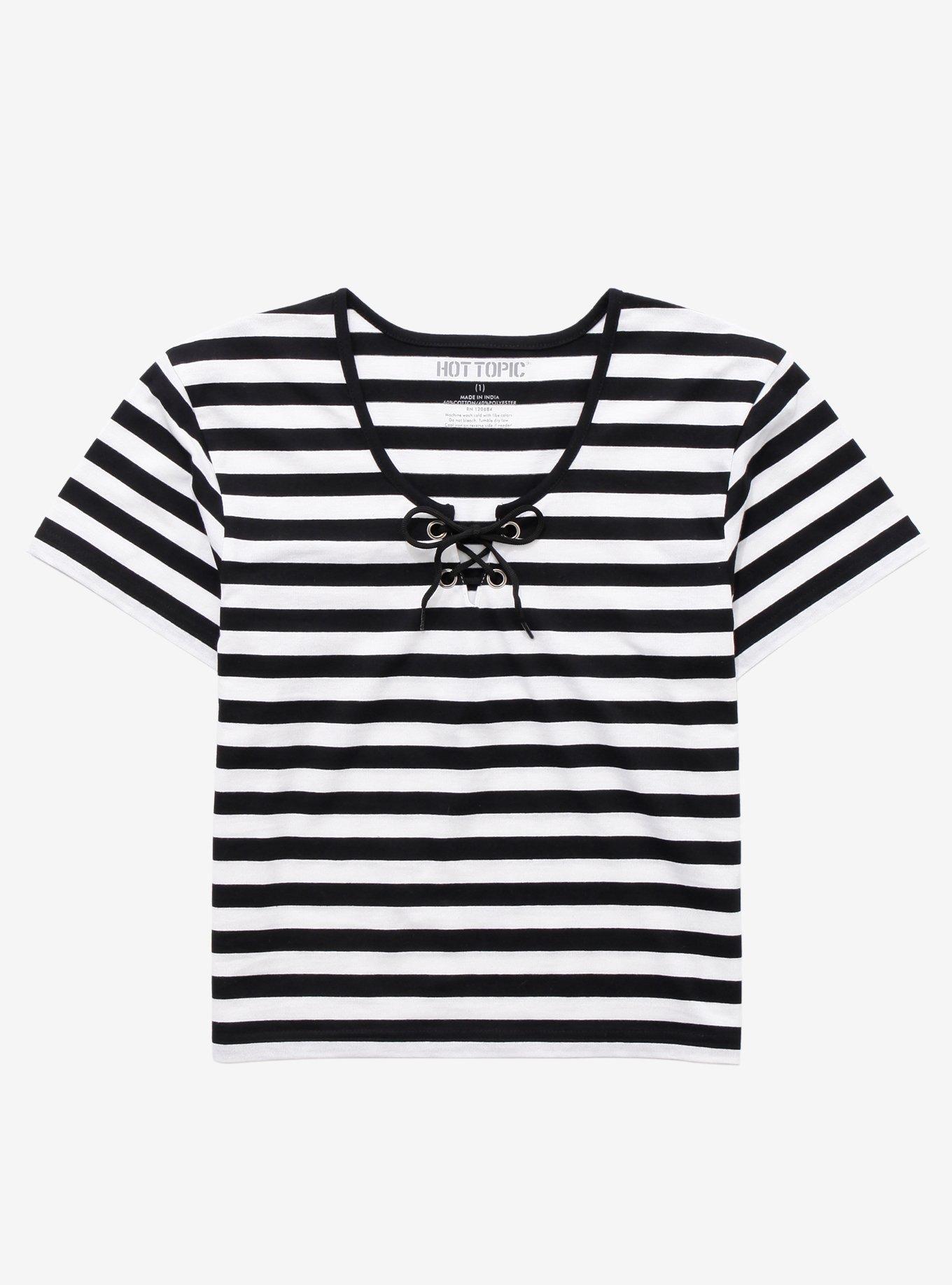 Black & White Stripe Lace-Up Girls Crop T-Shirt Plus Size, STRIPES, hi-res